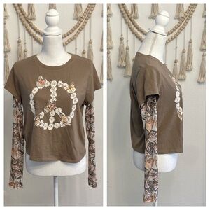 Stitch & Pine butterfly tattoo sleeve tee shirt long sleeve peace sign brown XL
